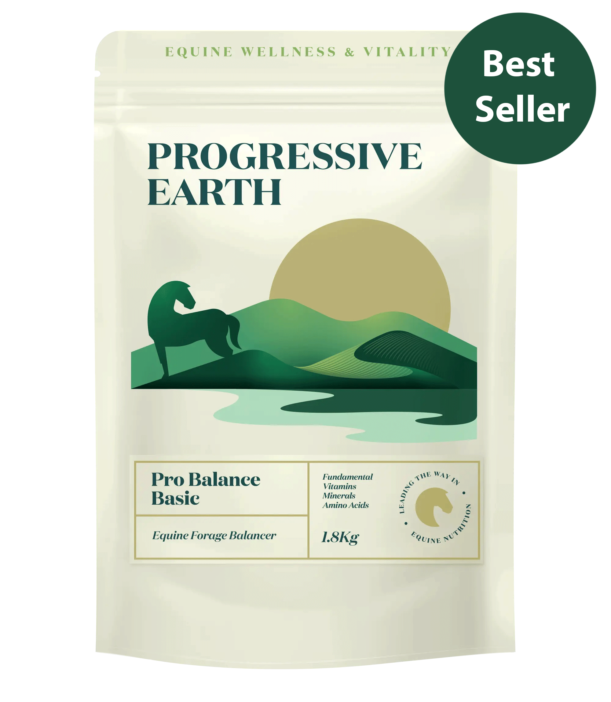 Progressive Earth equine supplement package with a scenic design and 'Best Seller' label.