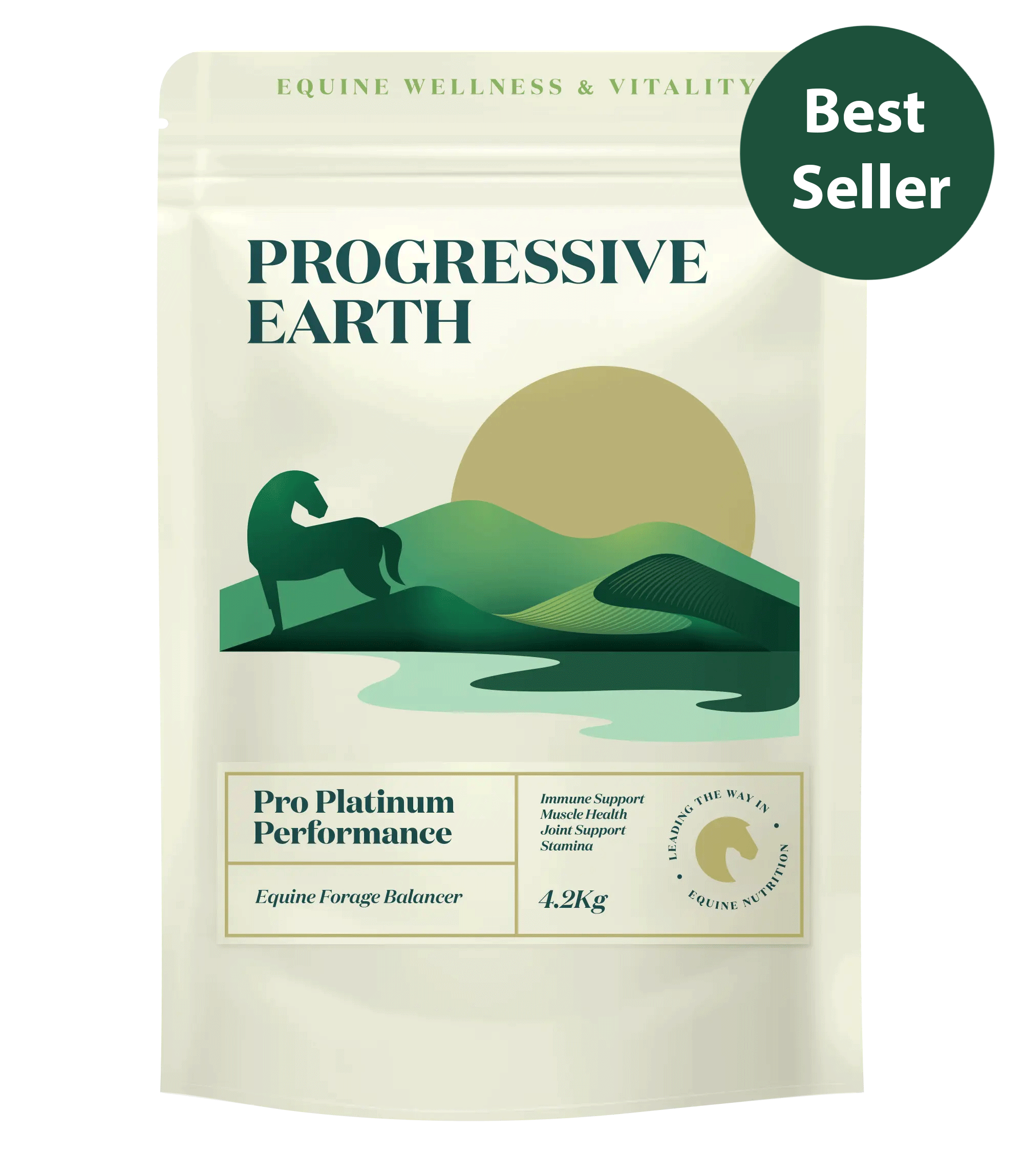 Progressive Earth equine supplement package with a scenic design and 'Best Seller' label.