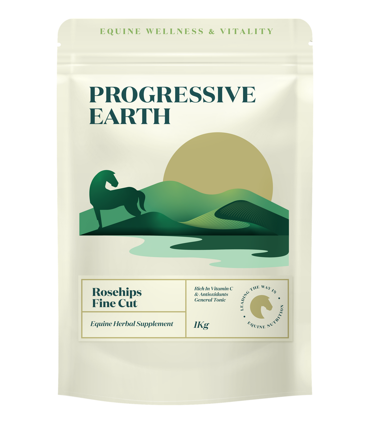 Rosehips Fine Cut 1kg pouch for horses, front of pack